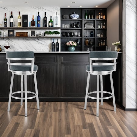 Armen Living Madrid 30" Bar Height Swivel Blue Faux Leather and Brushed Stainless Steel Bar Stool LCMABABSBLU30